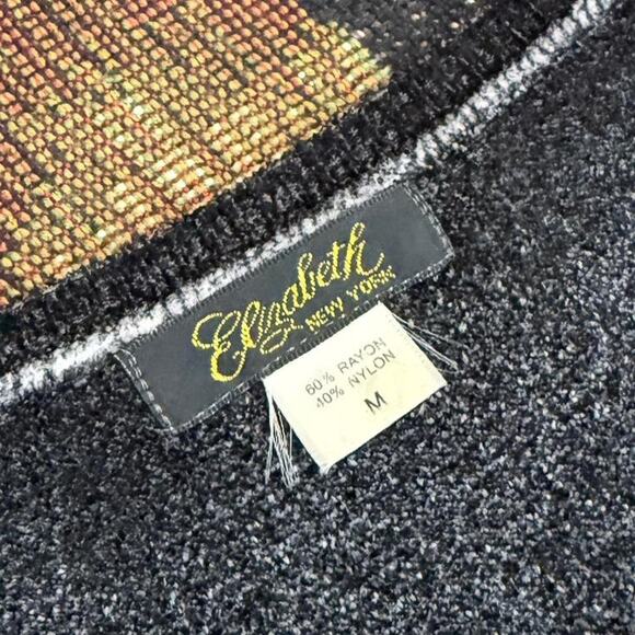 Y2K Elizabeth NY Black & Pink Floral Graphic Beaded Rhinestone Fuzzy Sweater M - Picture 8 of 8